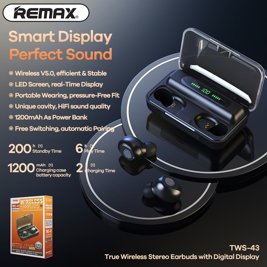 REMAX TWS43 BLUETOOTH EARBUDS TRUE STEREO WITH DIGITAL DISPLAY
